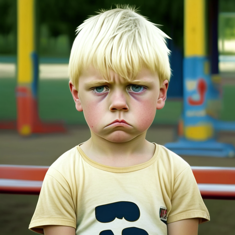 a 4-year-old boy,Short Hair, t-shirt, sad face, blond hair, at school playground