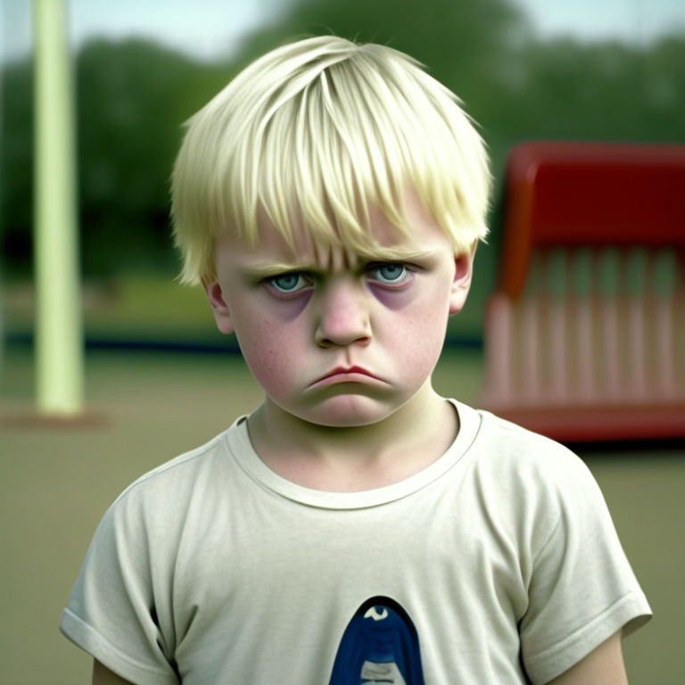 “a 4-year-old boy,Short Hair, t-shirt, sad face, blond hair, at school playground”
