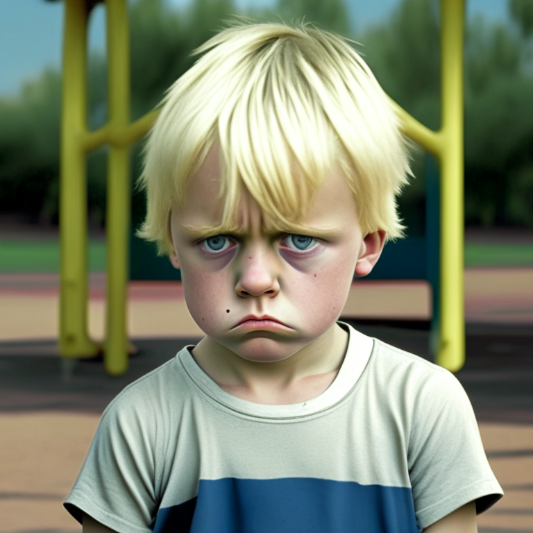 “a 4-year-old boy,Short Hair, t-shirt, sad face, blond hair, at school playground”
