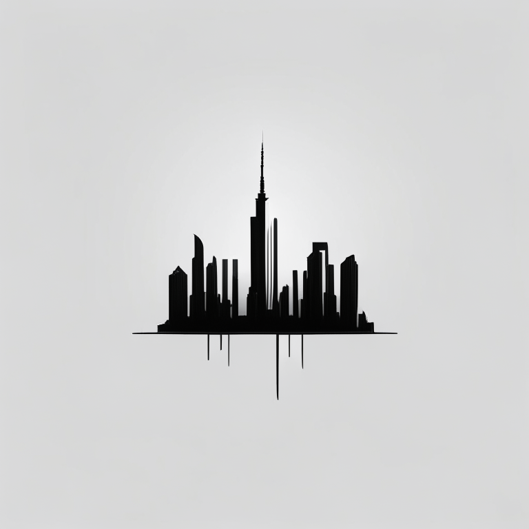 A black and white minimalist logo featuring a simple skyline