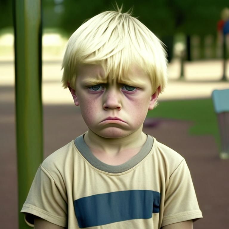 “a 4-year-old boy,Short Hair, t-shirt, sad face, old shirt, blond hair, at school playground”
