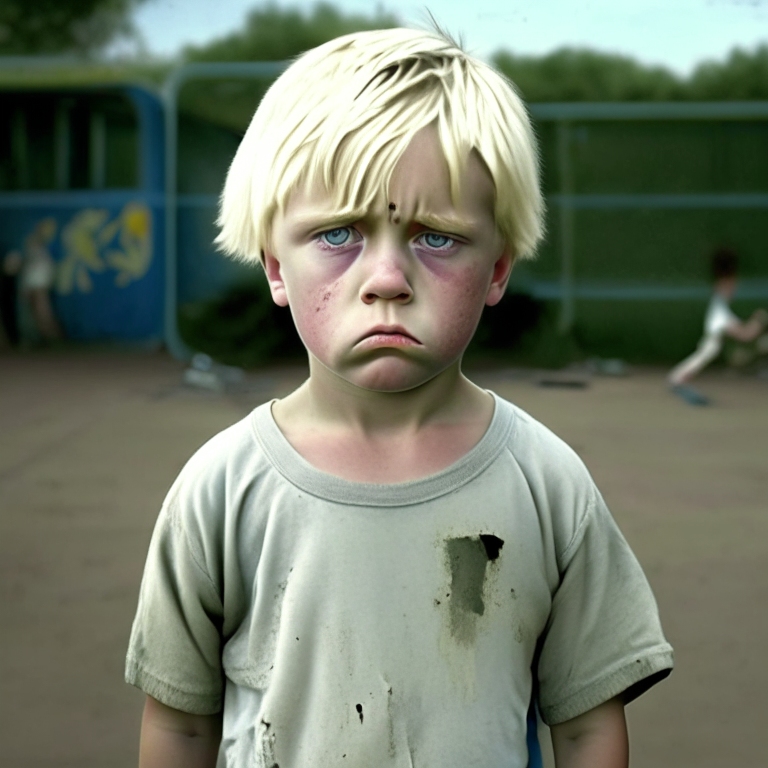 “a 4-year-old boy,Short Hair, t-shirt, sad face, old and torn shirt, blond hair, at school playground”
