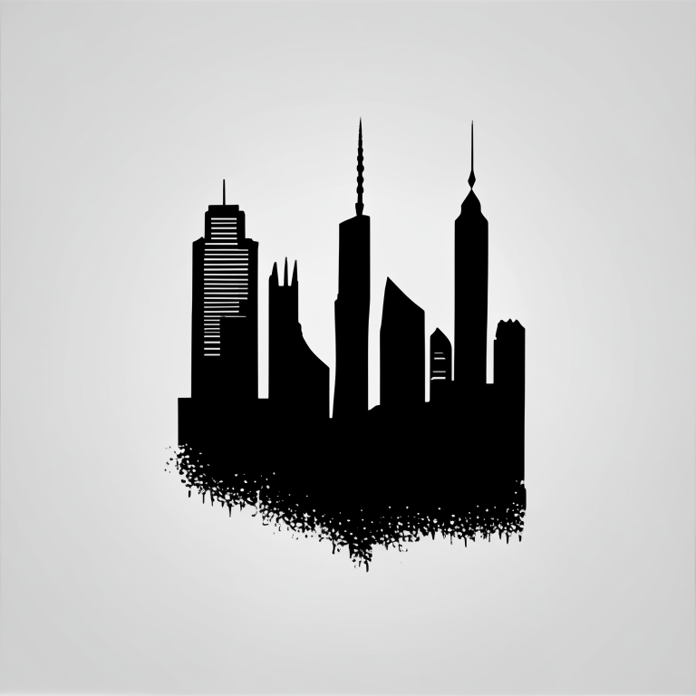 A black and white minimalist logo featuring a skyline with the letters Xinshidai in white