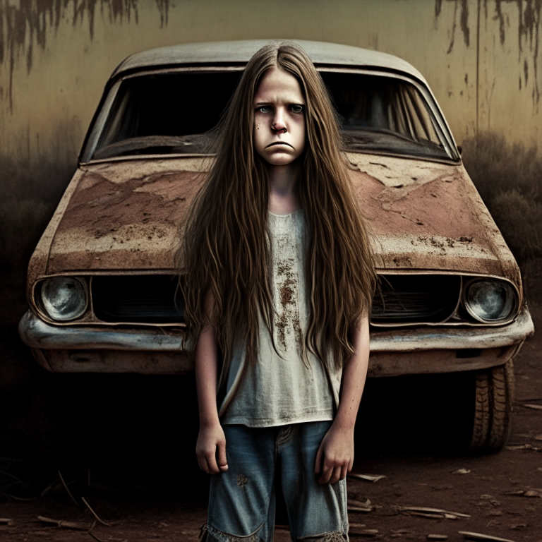 Carlie Brucia 11 year old,  long hair, scratched face, standing next to an old car
