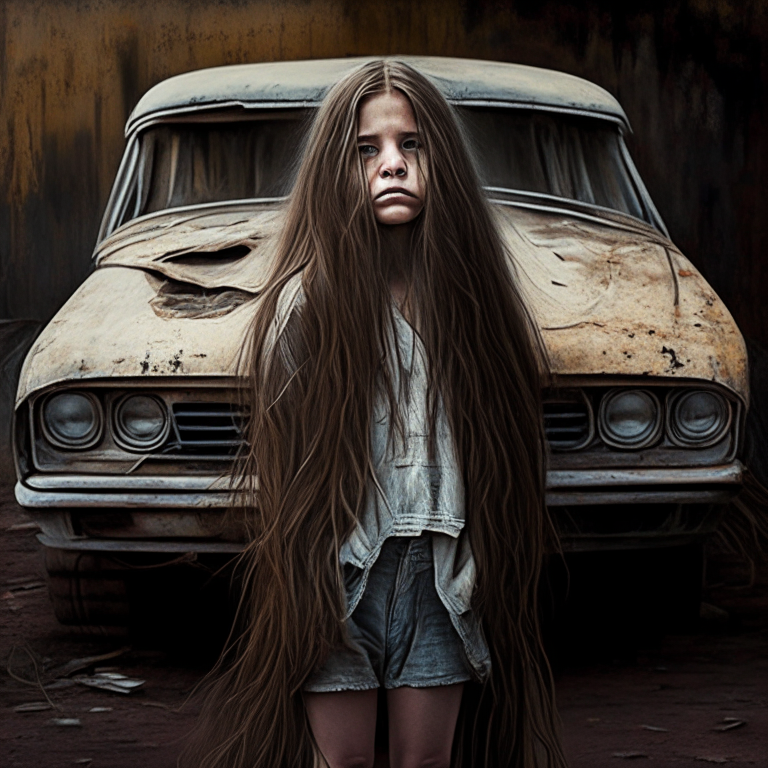 Carlie Brucia 11 year old beautyful,  long hair, scratched face, standing next to an old car
