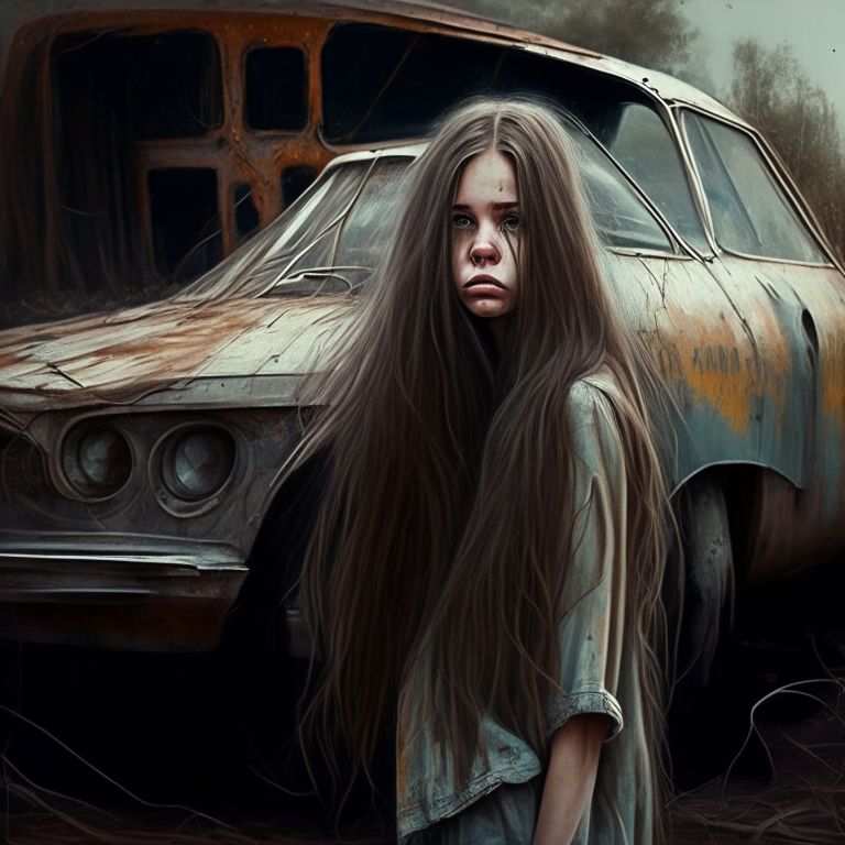 Girl beautyful,  long hair, scratched face, standing next to an old car
