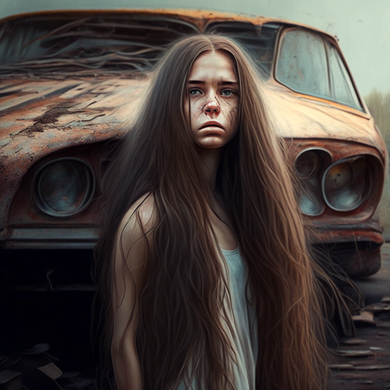 1 beautiful girl, long hair, scratched face, standing next to an old car