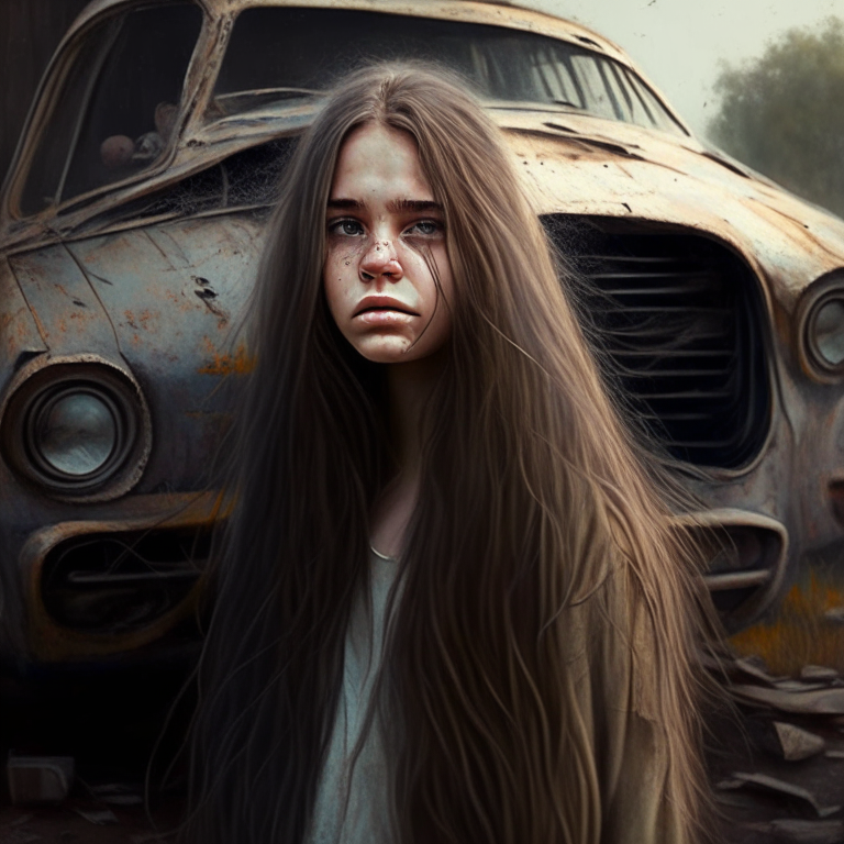 1 beautiful girl, round face, long hair, scratched face, standing next to an old car