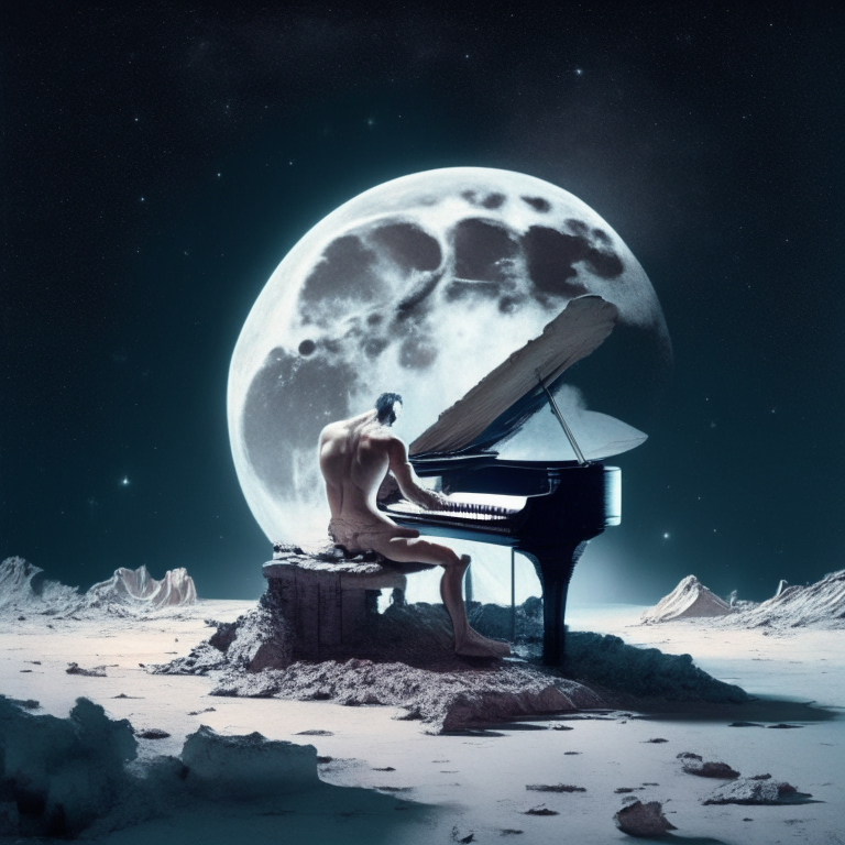 A shirtless guy playing grand piano on moon