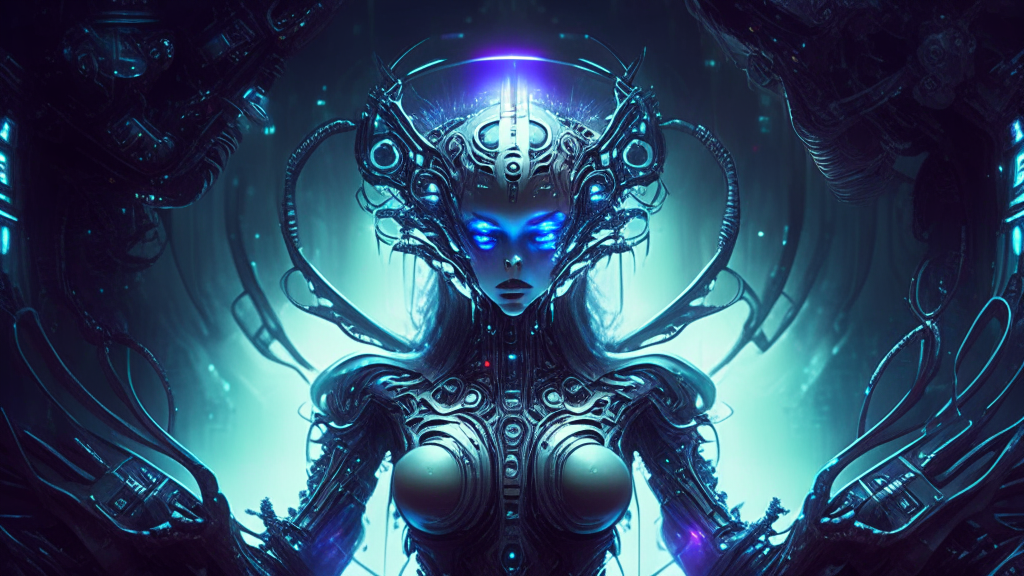 a beautiful cyborg goddess being created inside an alien spacecraft in a dark sci-fi fantasy style