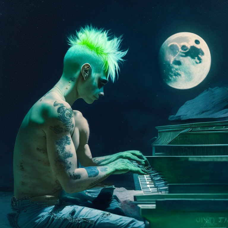 A close up shot of a shirtless guy in blue jeans with green hair playing piano on the moon. remove the background and make the guy blue