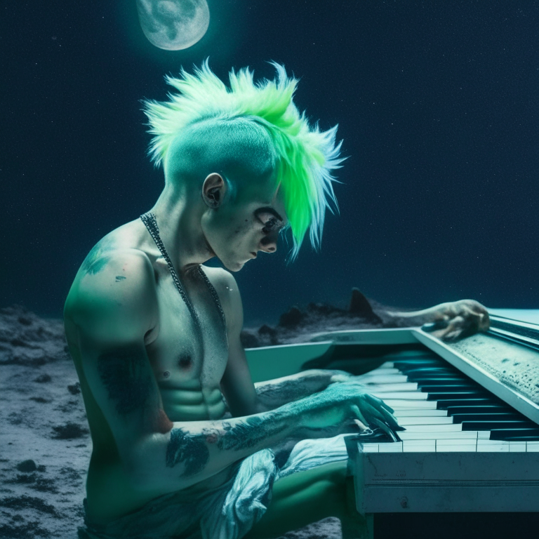 A   close up shot of a shirtless guy in denim jeans with green hair playing piano on the moon