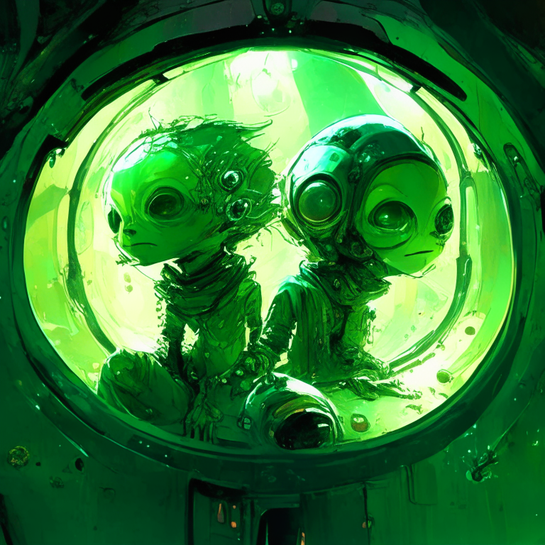 green cute little aliens wondering inside a spaceship, centered, looking at the camera, approaching perfection, dynamic, moonlight, highly detailed, digital painting, artstation, concept art, smooth, sharp focus, illustration, masterpiece art by Carne Griffiths and Wadim Kashin