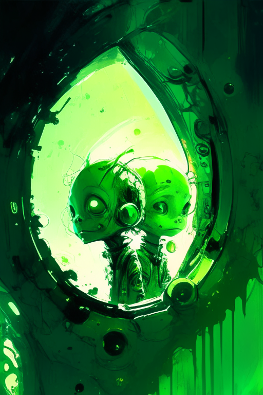 green cute little aliens wondering inside a spaceship, centered, looking at the camera, approaching perfection, dynamic, moonlight, highly detailed, digital painting, artstation, concept art, smooth, sharp focus, illustration, masterpiece art by Carne Griffiths and Wadim Kashin