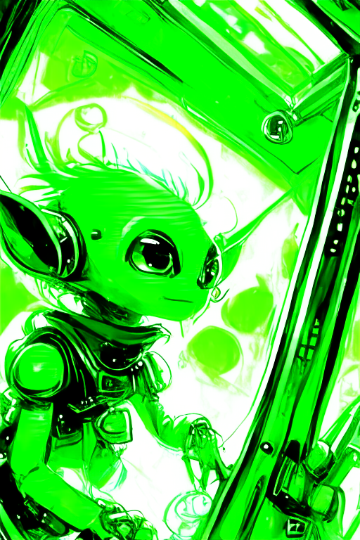 green cute little alien wondering inside a spaceship, centered, looking at the camera, approaching perfection, dynamic, moonlight, highly detailed, digital painting, artstation, concept art, smooth, sharp focus, illustration, masterpiece art by Carne Griffiths and Wadim Kashin