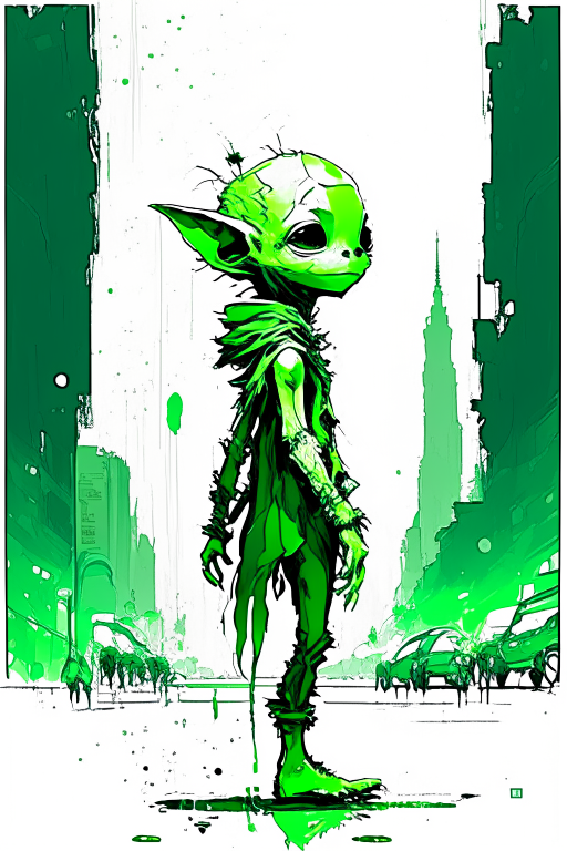 green cute little alien wondering walking in the NY, centered, looking at the camera, approaching perfection, dynamic, moonlight, highly detailed, digital painting, artstation, concept art, smooth, sharp focus, illustration, masterpiece art by Carne Griffiths and Wadim Kashin