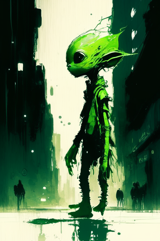 green cute little alien wondering walking in the NY, centered, looking at the camera, approaching perfection, dynamic, moonlight, highly detailed, digital painting, artstation, concept art, smooth, sharp focus, illustration, masterpiece art by Carne Griffiths and Wadim Kashin