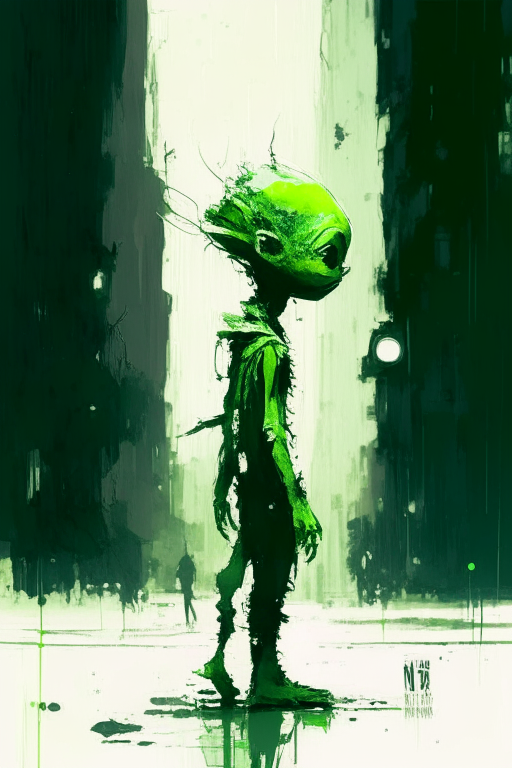 green cute little alien wondering walking in the NY, centered, looking at the camera, approaching perfection, dynamic, moonlight, highly detailed, digital painting, artstation, concept art, smooth, sharp focus, illustration, masterpiece art by Carne Griffiths and Wadim Kashin