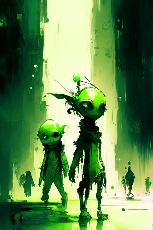 green cute little aliens wondering walking in the NY, centered, looking at the camera, approaching perfection, dynamic, moonlight, highly detailed, digital painting, artstation, concept art, smooth, sharp focus, illustration, masterpiece art by Carne Griffiths and Wadim Kashin