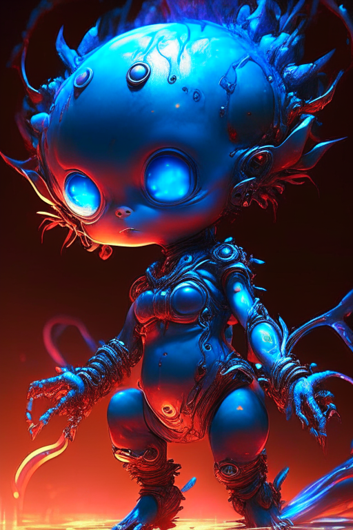 (2d cute anime:1.3), fantasy. Alien baby, half robotic, detailed instruction. Full body, vixip. stunningly amazing, cool,wet, sticky, bright metallic blue and red flaming , fighting posed, aging, mars. by Studio Ghibli and Thomas Gainsborough. highly detailed. Cinematic lighting. Sci-Fi.
