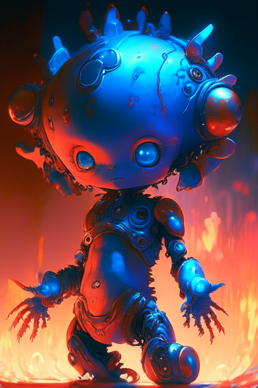 (2d cute anime:1.3), fantasy. Aliens baby, half robotic, detailed instruction. Full body, vixip. stunningly amazing, cool,wet, sticky, bright metallic blue and red flaming , fighting posed, aging, mars. by Studio Ghibli and Thomas Gainsborough. highly detailed. Cinematic lighting. Sci-Fi.

