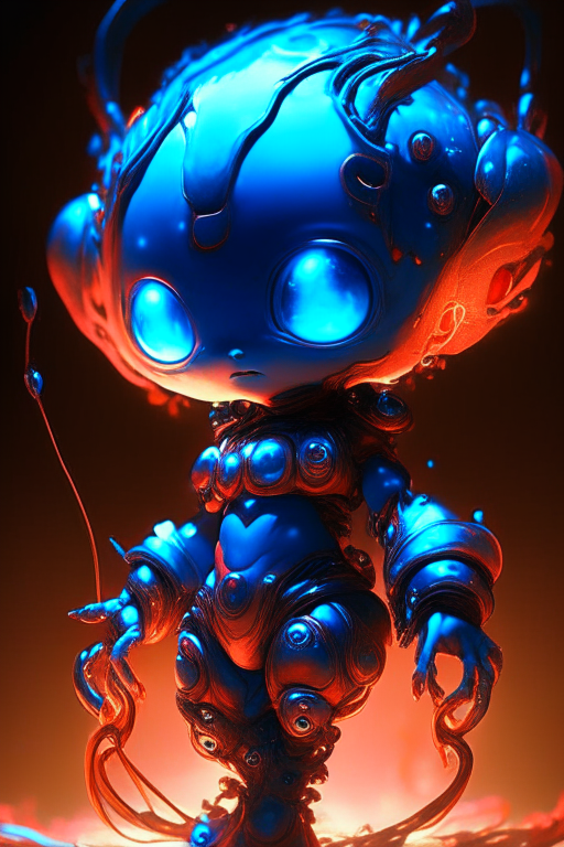 (2d cute anime:1.3), fantasy. Alien baby, half robotic, detailed instruction. Full body, vixip. stunningly amazing, cool,wet, sticky, bright metallic blue and red flaming , fighting posed, aging, mars. by Studio Ghibli and Thomas Gainsborough. highly detailed. Cinematic lighting. Sci-Fi. by sumic.mic