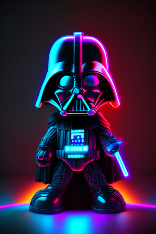 3d render, full body 3d render of funko pop Darth Vader, black background, Illuminated by Neon  lights