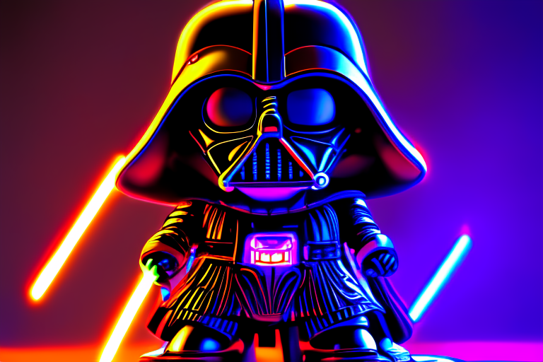 3d render, full body 3d render of funko pop Darth Vader, black background, Illuminated by Neon  lights