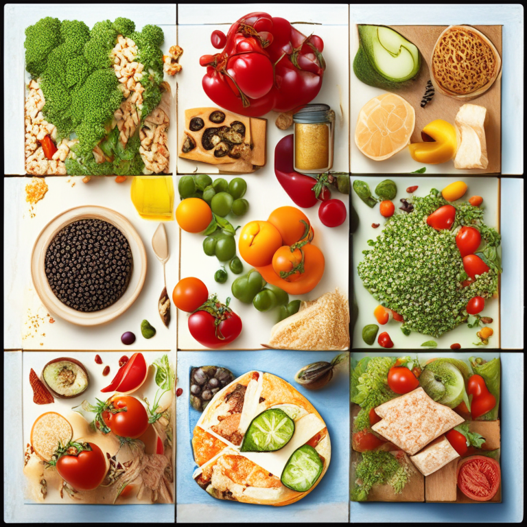 a square picture with a combination of Mediterranean diet-based dishes and healthy foods