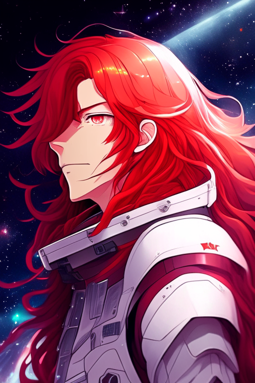 Handsome anime man in with red long hair in space