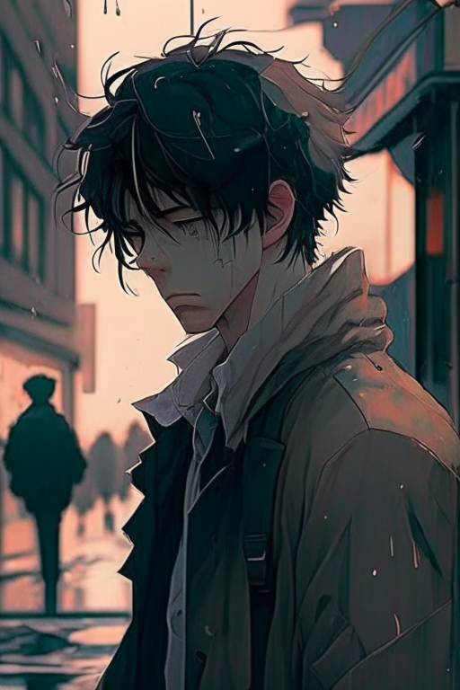 Sad handsome anime in the street 