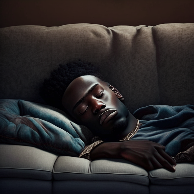 A young black man laid back on the sofa eyes closed