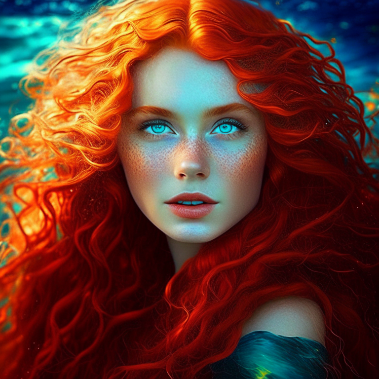 The princess, once known for her radiant blonde hair, underwent an extraordinary transformation. Her hair, which cascaded in gentle curls down to her shoulders, morphed into undulating waves of fiery red, reminiscent of a vibrant sunset. Her eyes, once a deep blue sparkling like sapphires, were tinged with intense emerald green, reflecting strength and rebirth.

Her skin retained its delicate softness, but now seemed to radiate an enchanting glow, as if carrying the secrets of the universe. Her radiant complexion took on a slightly golden hue, reminiscent of warm sunbeams. She remained slender and graceful, but her demeanor gained a mysterious and majestic aura, bearing witness to the trials she had endured.

Her attire, once elegant and casual, evolved to reflect her new nature. She now wears a gown adorned with shimmering and intricate fabrics, embellished with intertwined floral motifs symbolizing metamorphosis. Her shoes are adorned with sparkling jewels, reminiscent of twinkling stars in the nocturnal sky.

The accessories accompanying her have become magical objects, carrying profound meaning. A delicate bracelet adorned with resplendent gemstones, symbolizing her inner strength, shines on her wrist. Matching earrings, adorned with lustrous pearls, sway delicately with each movement, evoking elegance and wisdom.