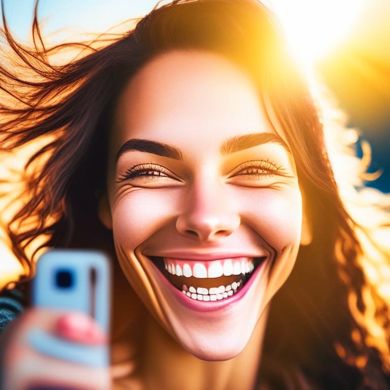 a woman taking a selfie with a smile on her face and a bright background