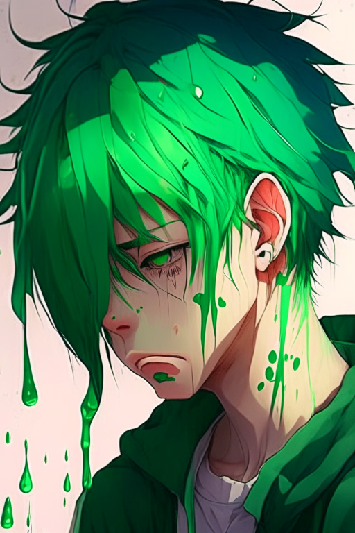 Handsome guy with green hair anime crying 