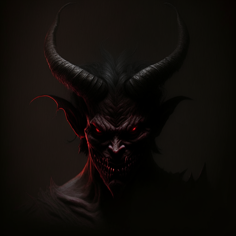 a devil with a dark background, viewed from the side