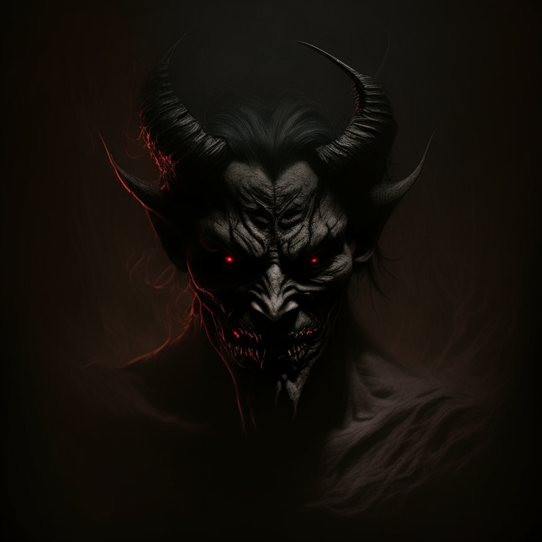 a devil with a dark background, viewed from the right