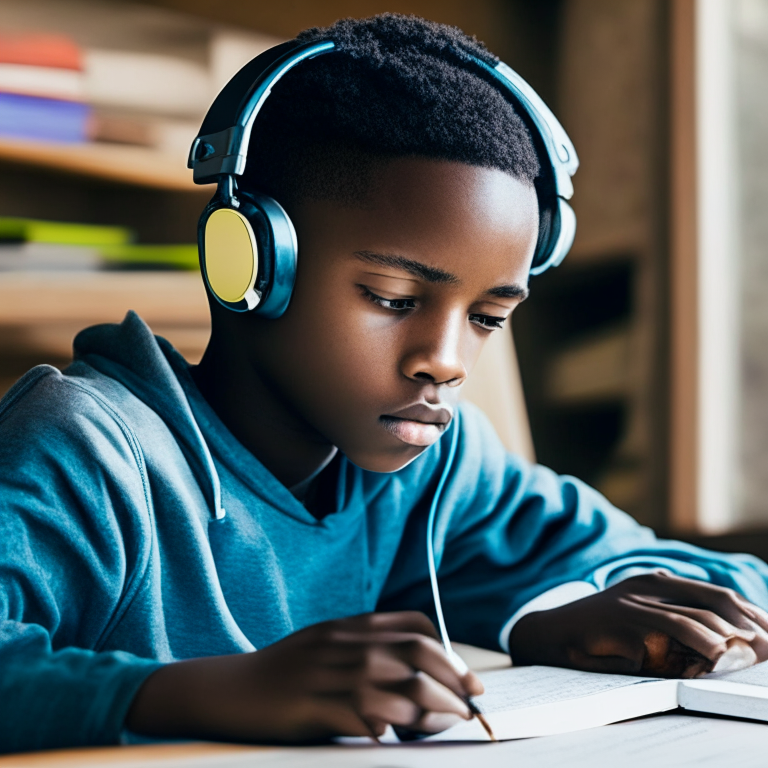 Black teenage boy studying wearing headphones