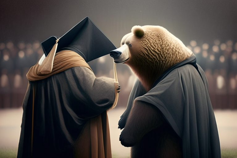 a real bear being hooded by another bear during a graduation ceremony