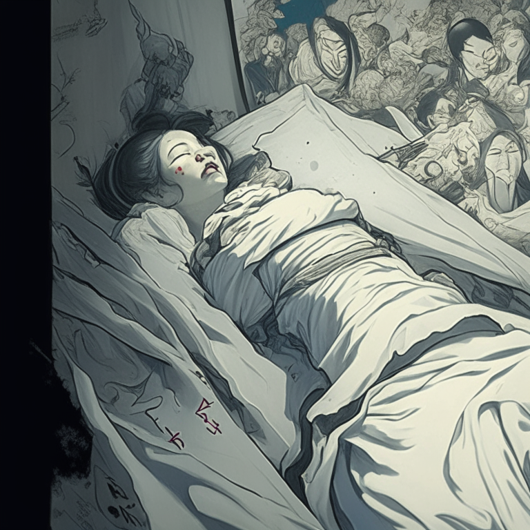 Yokasta on her deathbed, in the style of Kim Joung Gi