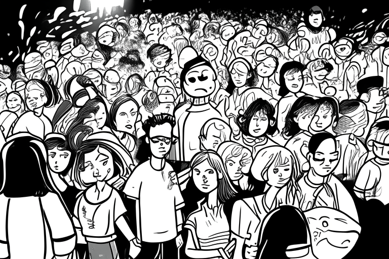 a large group of people in black and white, drawn with black markers, in the style of Kim Joung Gi
