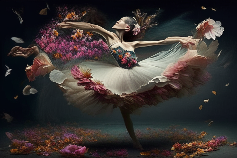 bailarina clásica bailando entre flores