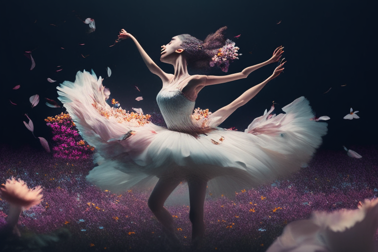 bailarina clásica realista bailando entre flores, octane render, 8k