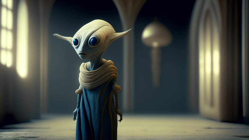 a Nordic alien standing up in a Vermeer style, 12K, high quality, HD, octane