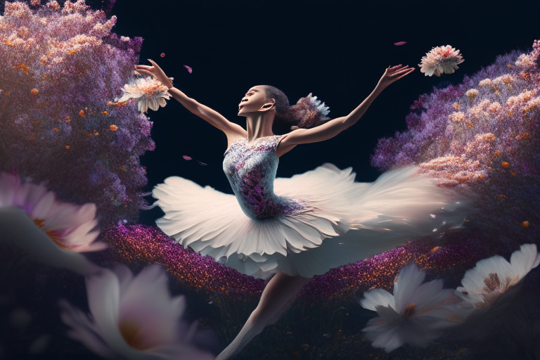 bailarina realista bailando entre flores, octane render, 8k