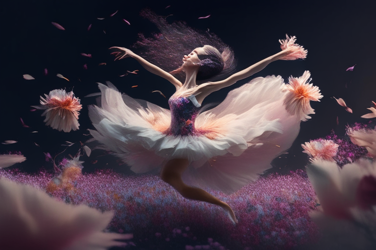 bailarina muy guapa realista bailando entre flores, octane render, 8k