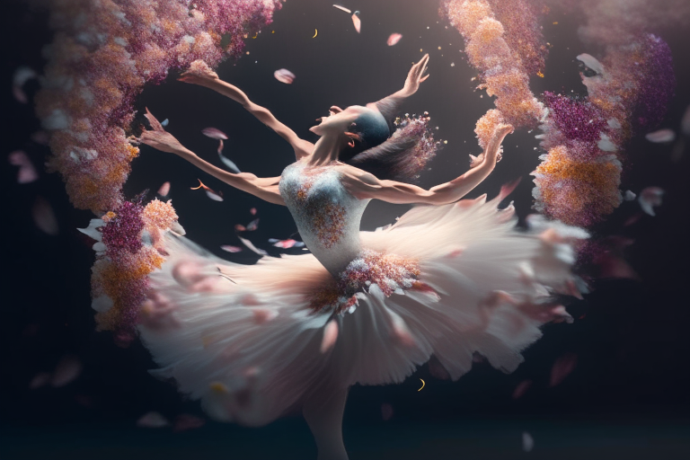bailarina muy guapa realista bailando entre flores colgantes, octane render, 8k