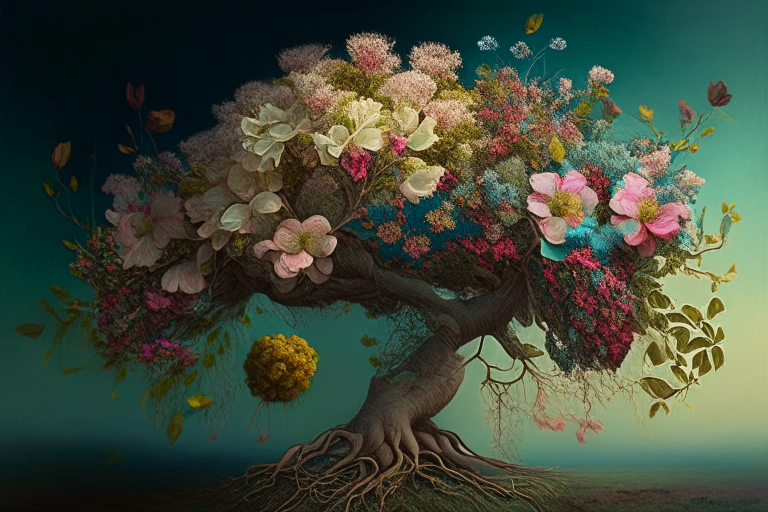 flores colgando de una rama de árbol