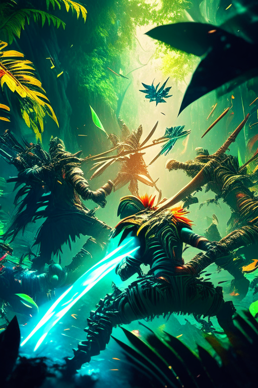 A chaotic clash of blades and arrows erupts in a vibrant, verdant jungle, with warriors fighting for their lives amidst the chaos. cosmic star dust, galactic, uhd, hdr, 8k, maximalist