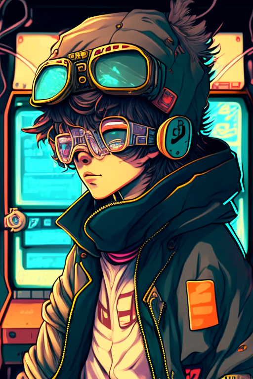 Vintage 90's anime style, retro.anime teenager boy with bandage on nose wearing steampunk goggles wearing hoodie, in a arcade, sci-fi., surreal.